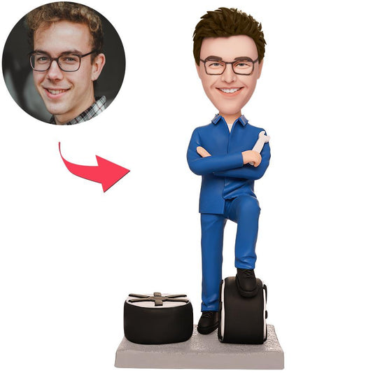 Personalised auto repairman bobblehead with custom polymer clay head and engraved text on base — personalised car mechanic figurine, gift for Dad