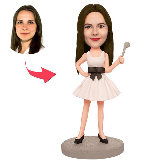 Personalised Sexy Housewife Bobblehead in polymer clay with engraved keepsake base — customised head from your photo, ideal personalised gift for UK and Australia shoppers