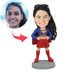 Personalised Superhero Woman bobblehead in polymer clay with customised head and engraved text — female superhero bobblehead, custom bobblehead Australia gift