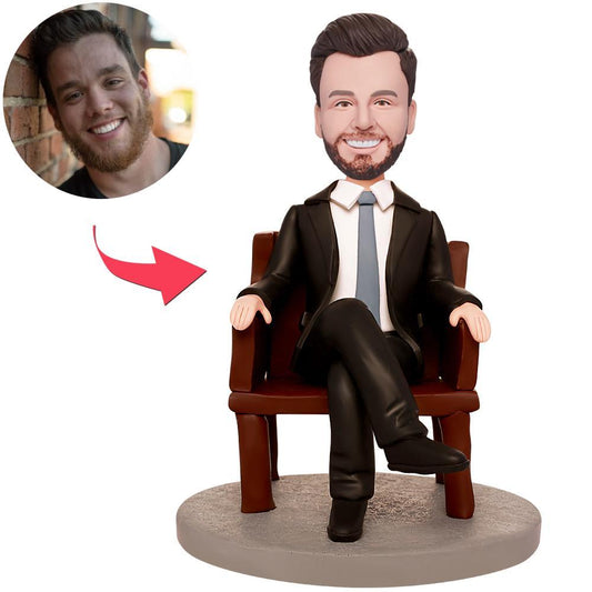 Business Mogul personalised bobblehead with engraved base – custom polymer clay face on business suit body; novelty desk keepsake and corporate gift for UK & Australia