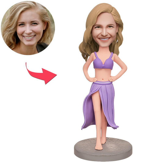 Personalised belly dance bobblehead – handcrafted polymer clay dancer with a customised head, engraved base and detailed ready-made costume