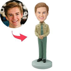 Personalised polymer clay police officer bobblehead front view with engraved base — custom head created from your photo, engraved text on plaque, ideal personalised police gift and desk keepsake