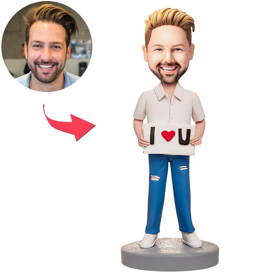 Personalised male 'I LOVE U' bobblehead with engraved text on the base, custom head created from your photo — polymer clay keepsake gift for him