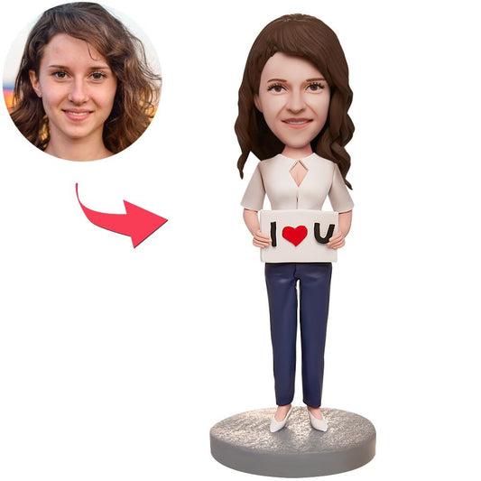Personalised 'I LOVE U' female bobblehead with custom head and engraved text on the base — polymer clay keepsake, customised bobblehead for her