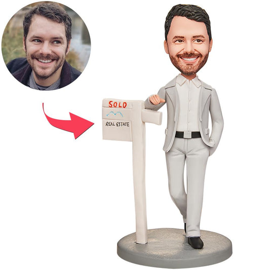 Real estate agent custom bobblehead with engraved text on base, personalised polymer clay realtor gift and office desk ornament for thank-you or settlement