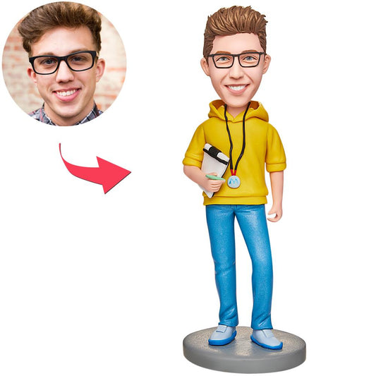Personalised male coach bobblehead (polymer clay) with engraved base text — custom head matched to your photo, ideal sports coach or team desk gift