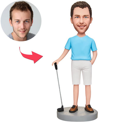 Personalised playing golf man bobblehead with engraved text on base — polymer clay custom golf figurine, ideal personalised golf gift for him