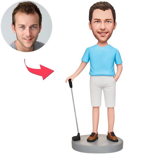 Personalised playing golf man bobblehead with engraved text on base — polymer clay custom golf figurine, ideal personalised golf gift for him