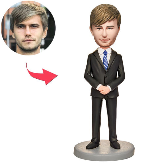 Personalised formal businessman bobblehead in a smart suit, custom face figurine handcrafted from polymer clay with engraved text on the base — ideal personalised corporate desk gift for him in Australia and the UK