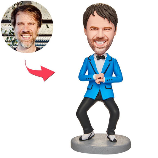 Front view of Pop Singer custom bobblehead with personalised face and engraved text on the base — hand-sculpted polymer clay music figurine, personalised bobblehead gift for music lovers in the UK and Australia
