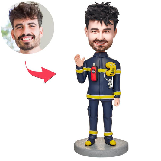Personalised equipped firefighter bobblehead with engraved text on the base, polymer clay custom head figurine in full firefighter uniform, front view — ideal retirement or Father’s Day gift