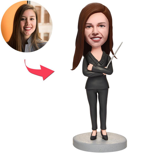 Custom female teacher bobblehead in polymer clay with personalised head and engraved base, handcrafted teacher gift ideal for teacher appreciation