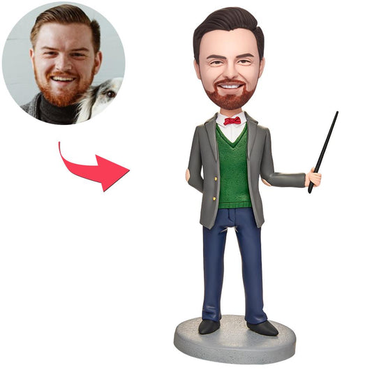 Handmade polymer clay male teacher bobblehead in lecturing pose with a custom-sculpted head and engraved base — personalised teacher gift for Australia and the UK