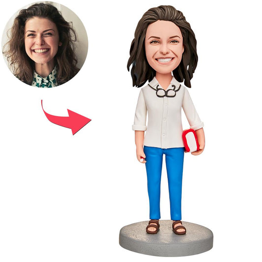 Handmade polymer clay personalised teacher bobblehead with engraved text on base, custom head likeness — ideal teacher thank‑you gift for UK & Australia