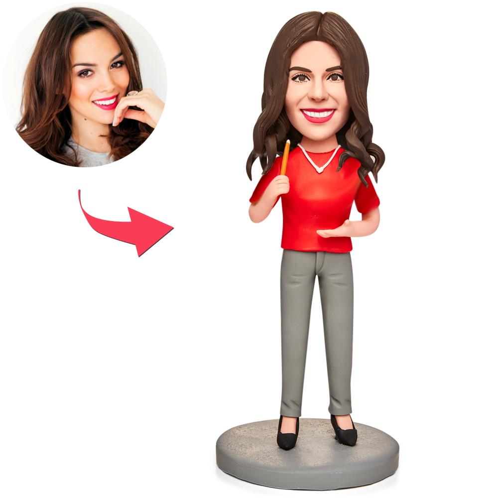Personalised teacher bobblehead in polymer clay with custom gesture and engraved text — ideal personalised teacher gift