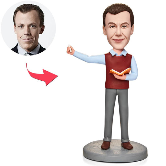 Personalised teacher bobblehead (custom head only) – detailed polymer clay face and hairstyle with engraved name on base, ideal thank‑you gift for teachers in the UK and Australia