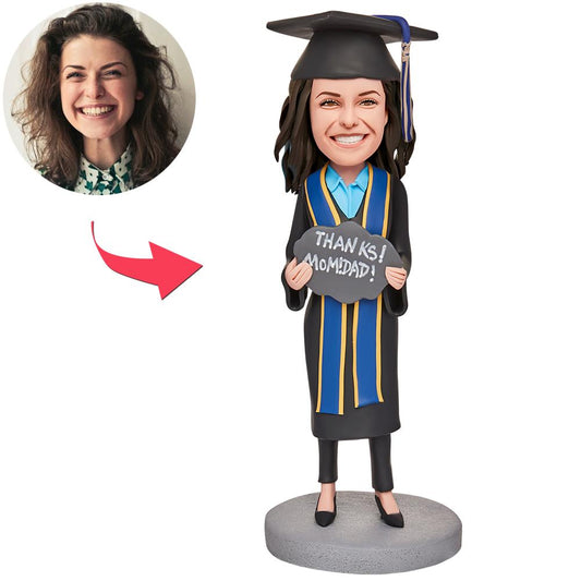 Personalised Graduation 'Thanks Parents' bobblehead — hand-finished polymer clay custom bobblehead with engraved 'Thanks Parents' message, ideal personalised graduation gift for mum and dad