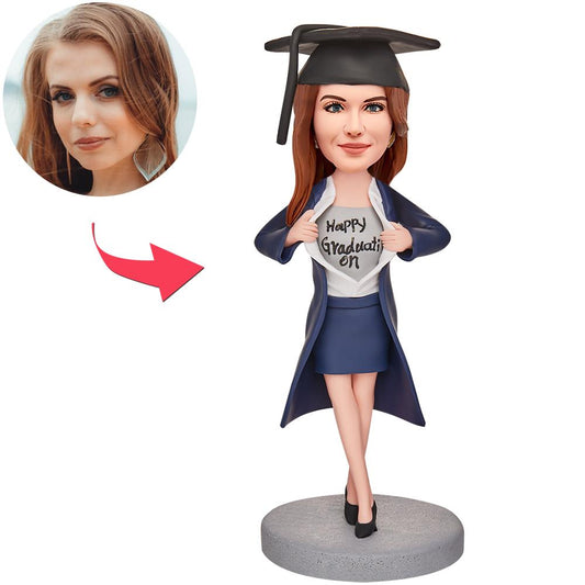 Personalised graduation girl bobblehead holding a bear and engraved certificate, polymer clay keepsake — custom head, ideal personalised graduation gift