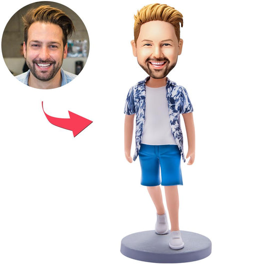 Custom Hawaiian shirt bobblehead man — polymer clay personalised head with engraved base, ideal engraved bobblehead gift in the UK and Australia
