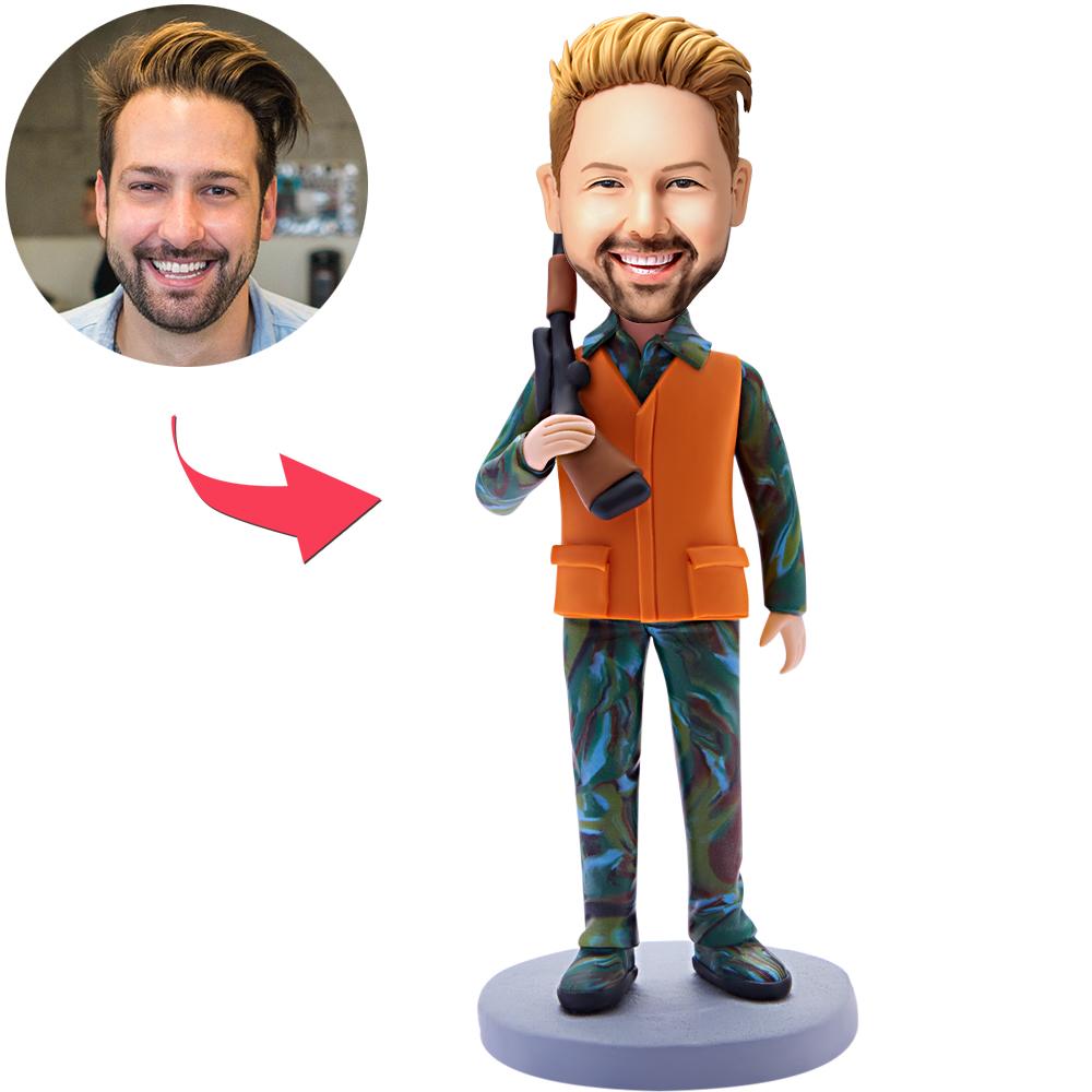Custom bobblehead hunter personalised polymer clay figurine with hand-sculpted head and engraved base – perfect personalised gift for hunters in the UK and Australia