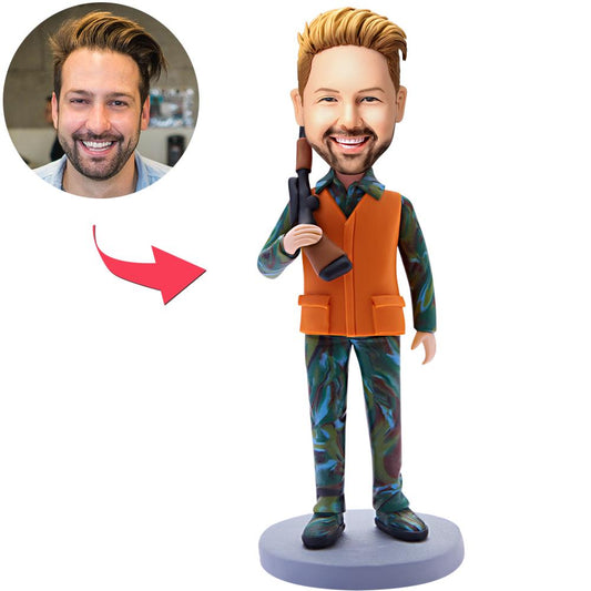 Custom bobblehead hunter personalised polymer clay figurine with hand-sculpted head and engraved base – perfect personalised gift for hunters in the UK and Australia