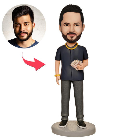 Rich Boss Personalised Bobblehead with engraved base, custom polymer clay head and business suit ideal as a personalised boss gift and corporate keepsake