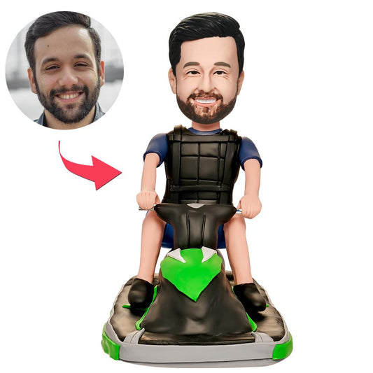 Men's Motorboat personalised bobblehead in polymer clay with lifelike personalised head from your photo and engraved text on the base, custom motorboat gift for boating enthusiasts