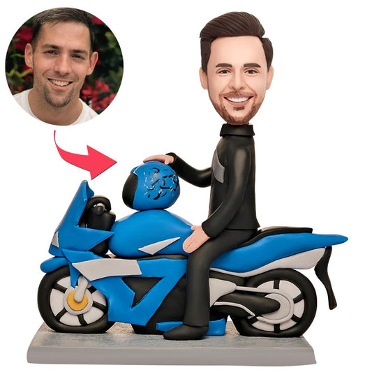 Personalised men's motorcycle bobblehead with custom head from your photo, polymer clay full‑body figure on a bike and engraved base showing custom text — perfect bobblehead gift for bikers