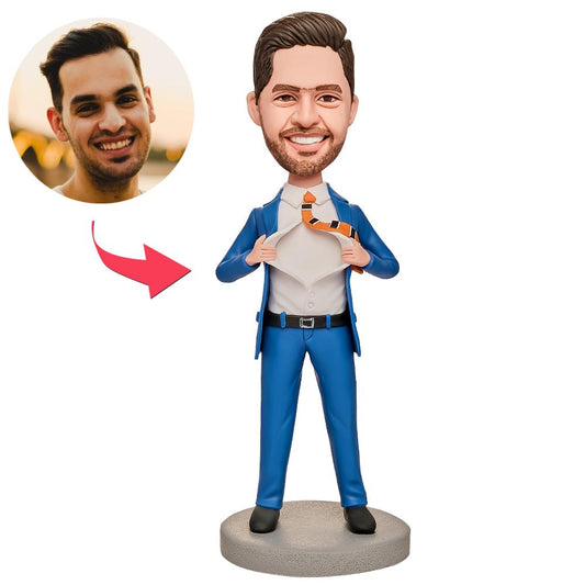 Personalised businessman bobblehead with custom face and engraved base — handmade polymer clay figurine in business suit, bespoke desk ornament and personalised corporate gift
