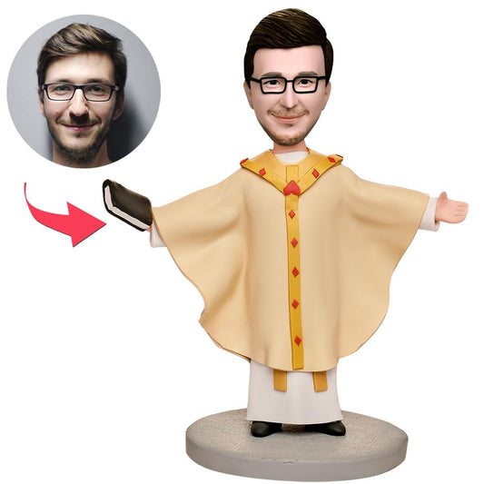 Personalised priest bobblehead with engraved base — polymer clay custom head sculpted from your photo, an ideal ordination, retirement or thank‑you religious gift and personalised face gift.