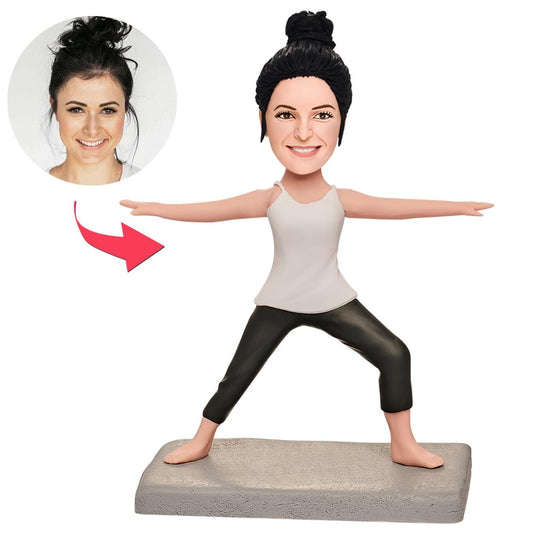 Fitness Yoga Queen personalised bobblehead in yoga pose, polymer clay figurine with customisable head and engraved text – perfect personalised fitness bobblehead gift