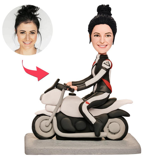 Female motorcyclist personalised bobblehead in polymer clay with engraved text on the base, personalised head modelled from your photo ideal personalised biker gift