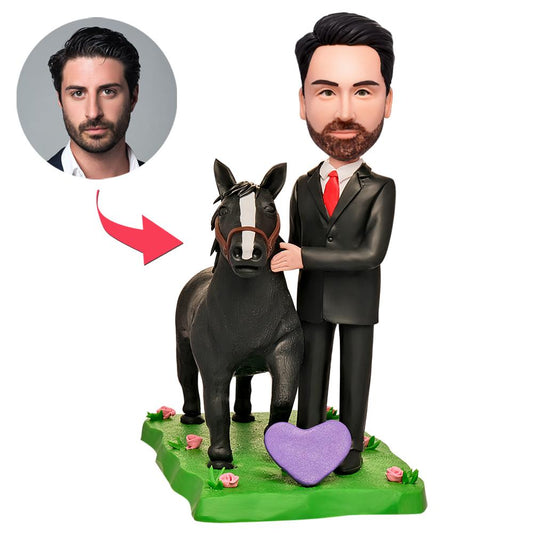 Personalised polymer clay bobblehead of a man standing beside a horse, front view on an engraved base — customised head from your photos, ideal gift for horse lovers