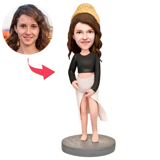 Personalised pregnant mum bobblehead in polymer clay with engraved base — custom head likeness and hairstyle, ideal maternity keepsake or baby shower gift