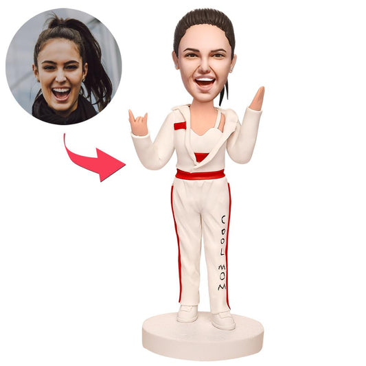 Super Cool Mum personalised polymer clay bobblehead with engraved text on base, customised head likeness and outfit as pictured, unique Mum gift