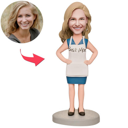 Personalised polymer clay Mum in apron figurine — custom mum bobblehead with engraved text on base, ideal Mother's Day or birthday keepsake
