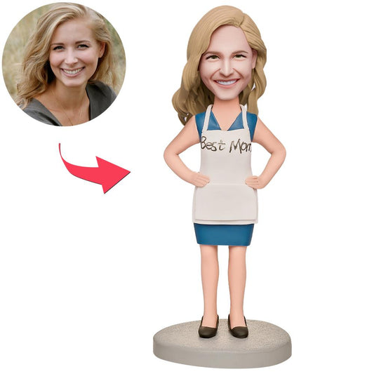 Personalised polymer clay Mum in apron figurine — custom mum bobblehead with engraved text on base, ideal Mother's Day or birthday keepsake