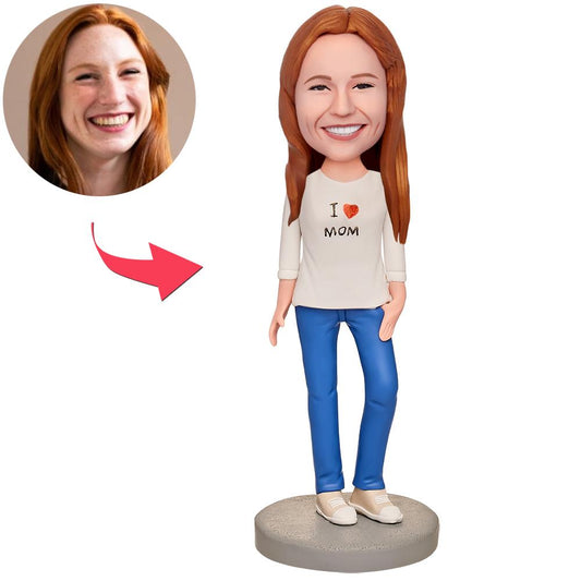 Handmade I Love My Mum personalised bobblehead with engraved text on the base, polymer clay custom bobblehead gift for mum — perfect personalised Mother's Day gift (UK & Australia)