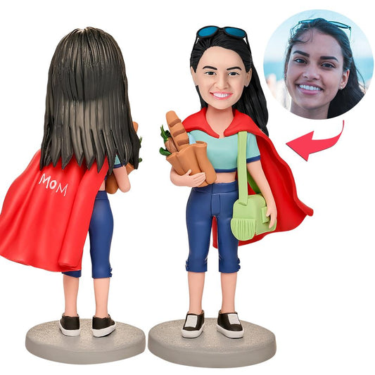 Busy mum personalised bobblehead with engraved base — polymer‑clay custom bobblehead featuring a personalised face and short hairstyle, ideal personalised face gift for mum or wife
