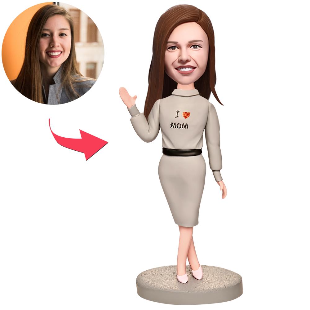 Personalised mother bobblehead in grey dress – custom head sculpted from your photo, polymer clay keepsake with engraved text, ideal Mother's Day gift