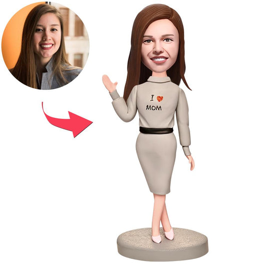 Personalised mother bobblehead in grey dress – custom head sculpted from your photo, polymer clay keepsake with engraved text, ideal Mother's Day gift