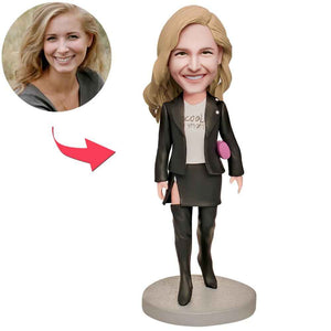 Super Cool Mom in Black Suit Custom Bobblehead with Engraved Text