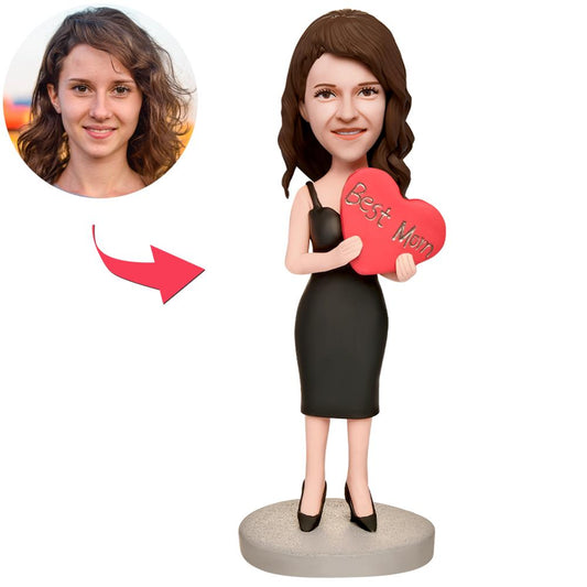Personalised Sexy Mum bobblehead holding a heart – polymer clay figurine with customised head and engraved base, bespoke Mother’s Day gift