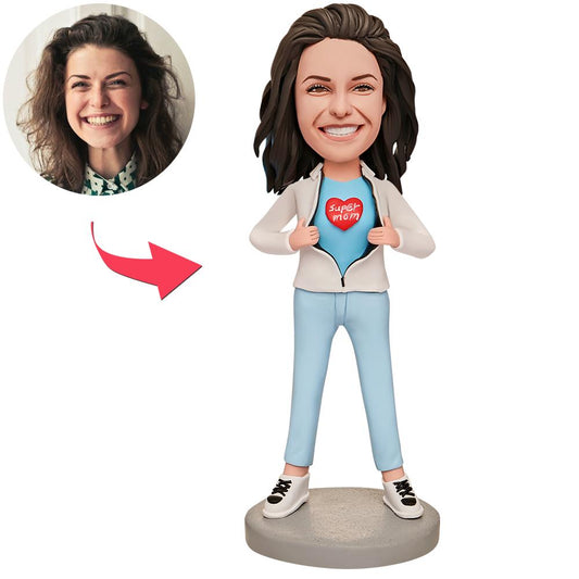 Super Mom in White Coat personalised bobblehead — hand‑sculpted polymer clay figure with custom head from your photo, white coat and engraved base