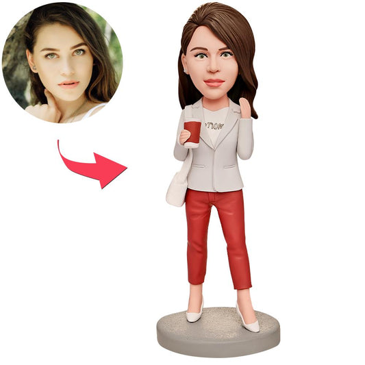 Front view of personalised polymer clay Mum bobblehead holding a coffee cup — custom head from your photo with engraved text on the base, perfect Mother's Day gift