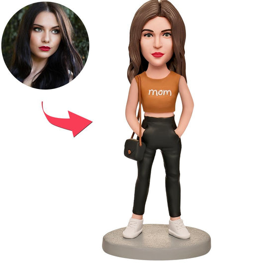 Personalised polymer clay Mum with black bag custom bobblehead with engraved text on base — custom head matched to your photo, ideal Mother’s Day gift