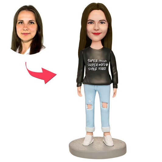 Super Mum Super Wife Super Tired personalised bobblehead with engraved base, handcrafted polymer clay keepsake with customised head — perfect gift for mum or wife