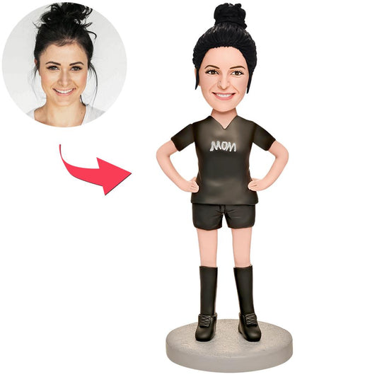 Mum in Black personalised bobblehead in black outfit, polymer clay custom head capturing hairstyle and facial likeness with engraved text on the base — personalised mum bobblehead gift for Mother’s Day or birthdays