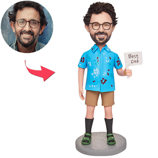 Hawaii Shirt Daddy personalised bobblehead – polymer clay figure with custom head matched to your photos and engraved text on the base