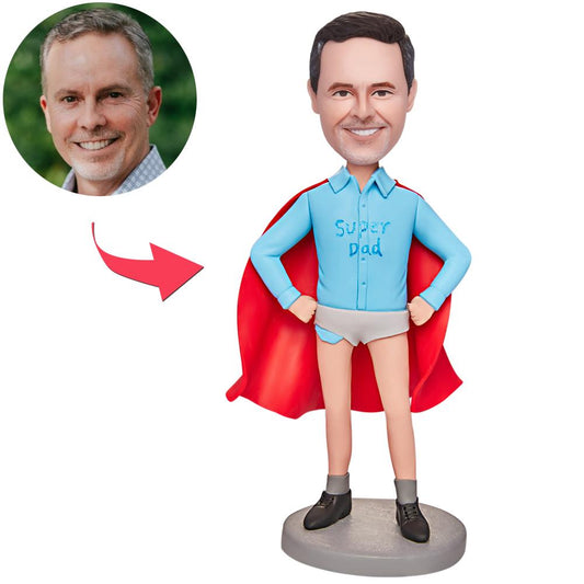 Personalised underpants Daddy custom bobblehead with engraved text on base, polymer clay novelty dad gift featuring a personalised face and underpants outfit